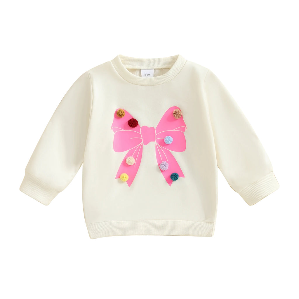 Baby Toddler Girls Long Sleeve Top Pom Pom Ball Bow Print Crewneck Pullover Winter Fall Clothes