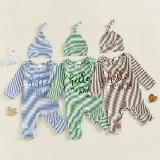 Baby Boy 2Pcs Striped Hello I'm New Here Romper Letters Embroidery Round Neck Long Sleeve Jumpsuit with Hat Set