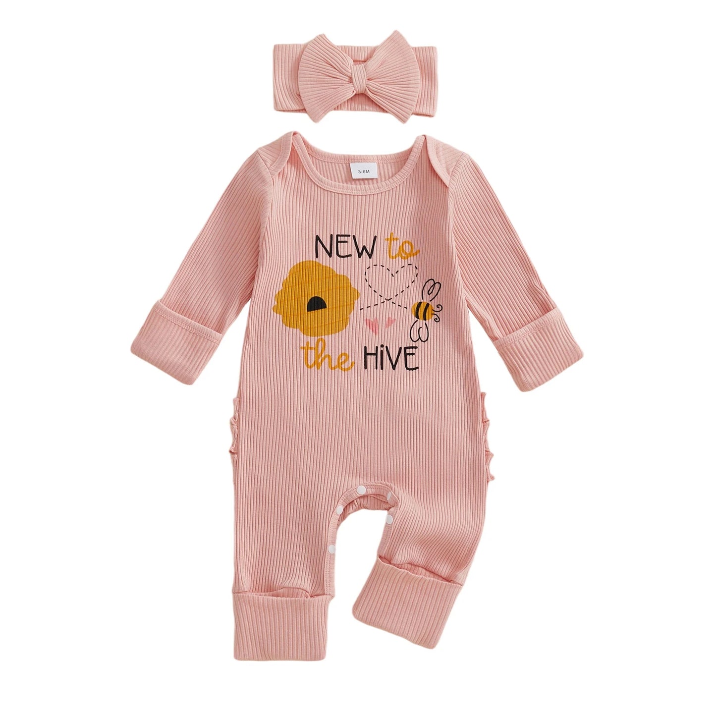 Baby Girl 2Pcs Fall Outfit Golf Goose Bee Print New to the Hive / Club Long Sleeve Ribbed Romper with Bow Headband 2Piece Set