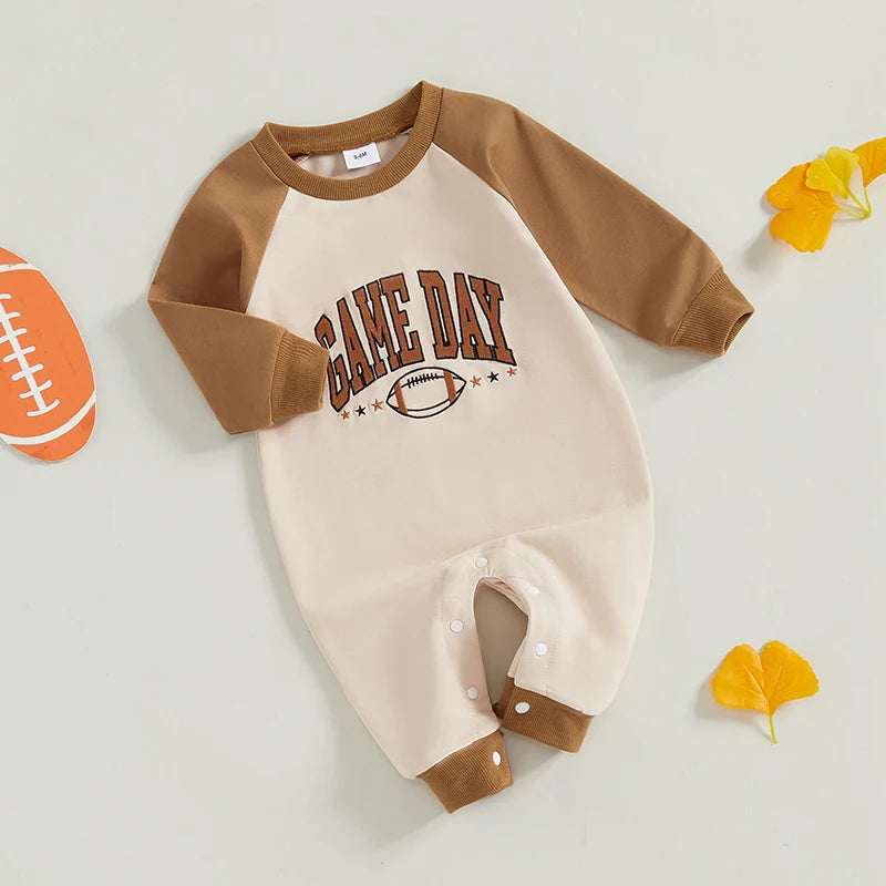 Baby Boys Fall Game Day Jumpsuit Long Sleeve Round Neck Football Letter Print Romper Footless