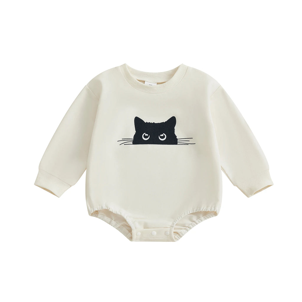 Baby Girls Boys Bubble Romper Long Sleeve Crew Neck Cat Print Fall Halloween Casual Bodysuit Clothes
