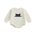 Baby Girls Boys Bubble Romper Long Sleeve Crew Neck Cat Print Fall Halloween Casual Bodysuit Clothes