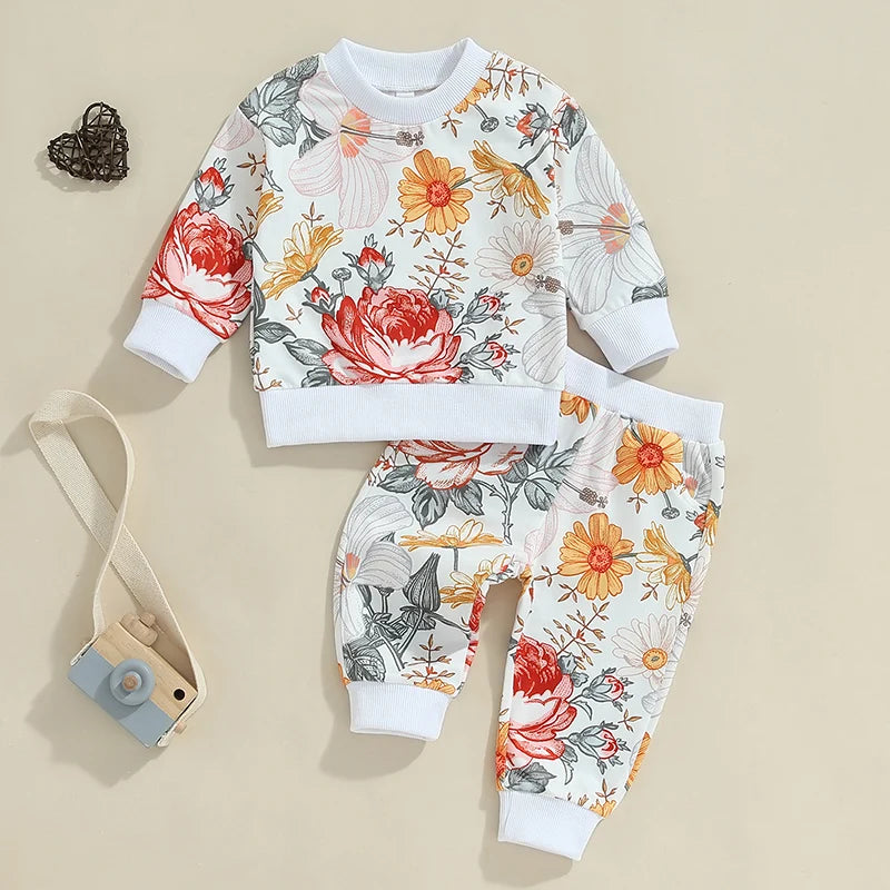 Baby Toddler Girls 2Pcs Fall Outfit Floral Flowers Print Long Sleeve Crewneck Top and Elastic Pants Set