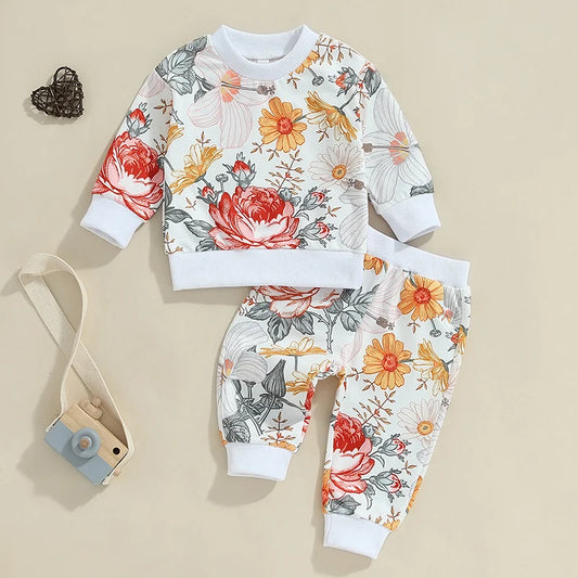 Baby Toddler Girls 2Pcs Fall Outfit Floral Flowers Print Long Sleeve Crewneck Top and Elastic Pants Set