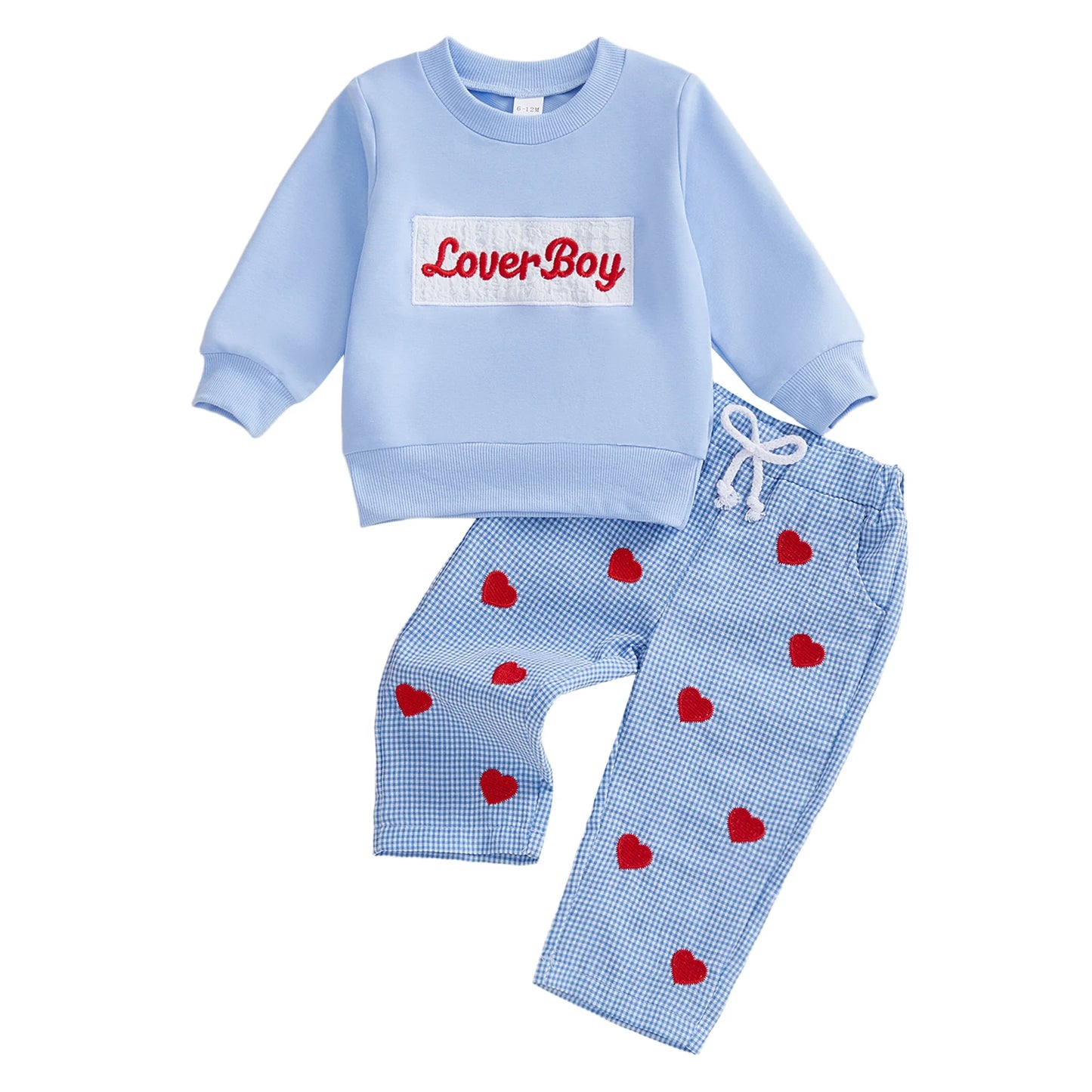 Baby Toddler Boys 2Pcs Lover Boy Valentine's Day Outfit Fashionable Long Sleeve Letters Embroidery Pullover with Plaid Heart Print Pants 2Pcs Clothing Set