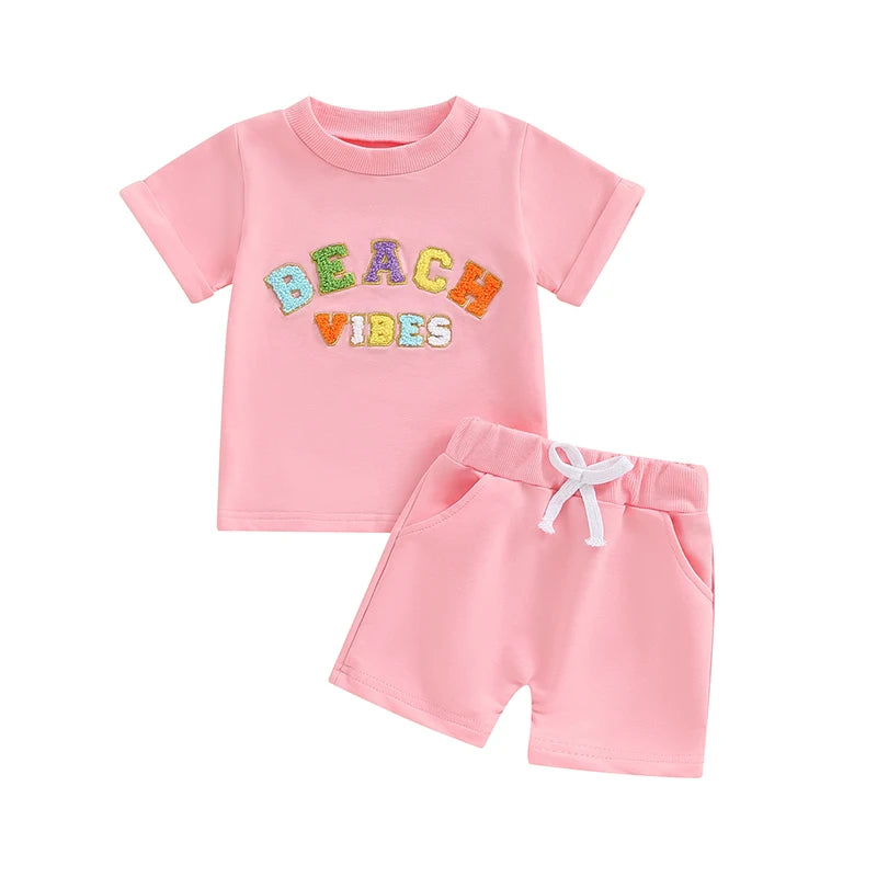 Baby Toddler Girls 2Pcs Beach Vibes Short Sleeve Embroidery Letters Top with Elastic Waist Shorts Summer Outfit Set