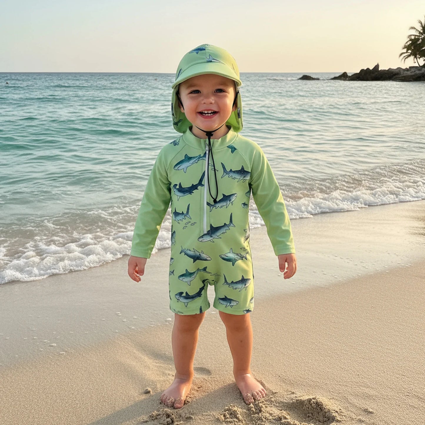 Baby Toddler Boys 2Pcs Casual Shark Print Zipper Long Sleeve Bathing Suit Romper with Swim Cap Set