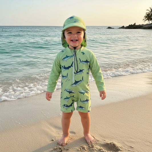 Baby Toddler Boys 2Pcs Casual Shark Print Zipper Long Sleeve Bathing Suit Romper with Swim Cap Set