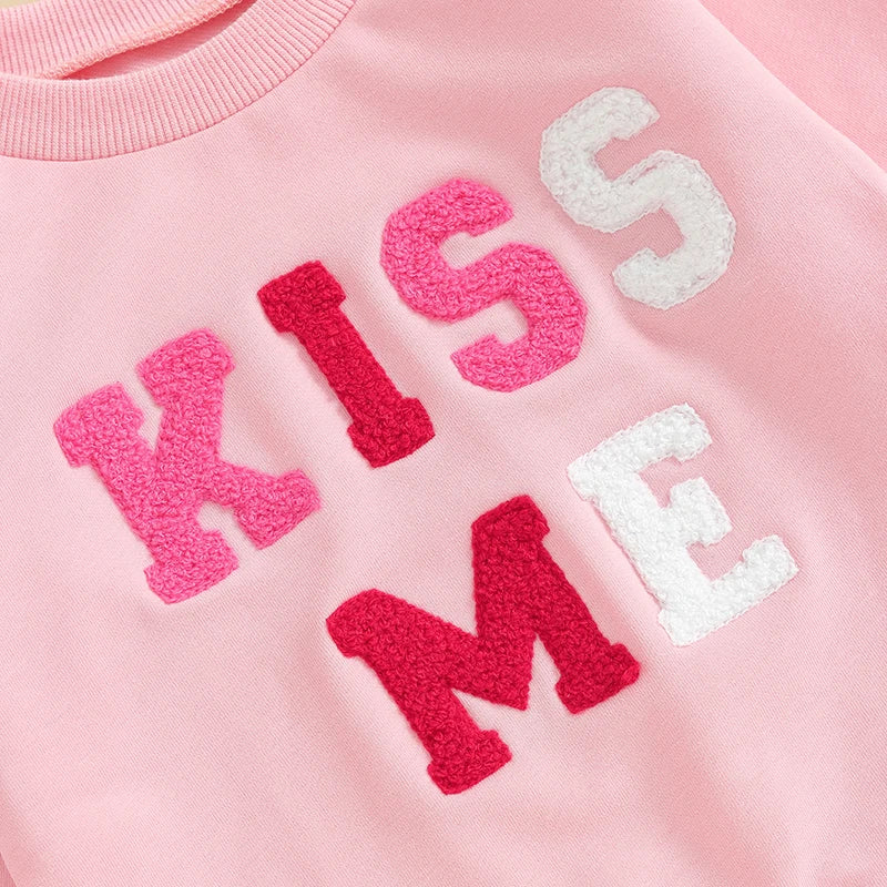 Baby Toddler Girl Valentine's Day Long Sleeve Letter Sweet / Be Mine / Kiss Me Heart Embroidery Crewneck Top