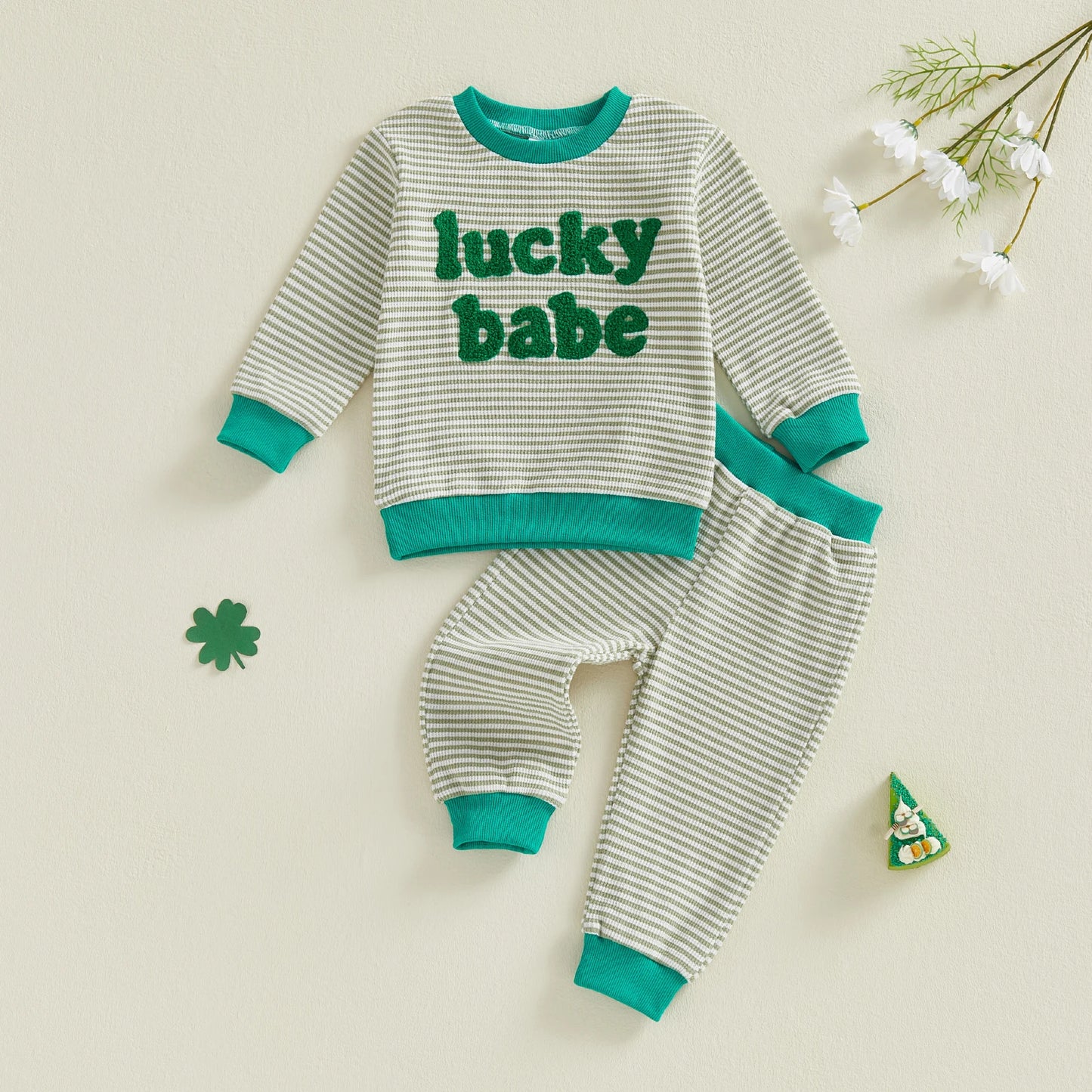 Baby Toddler Boys Girls 2Pcs Lucky Babe St. Patrick's Day Irish Outfit Striped Letter Embroidered Long Sleeve Top and Pants Jogger Set