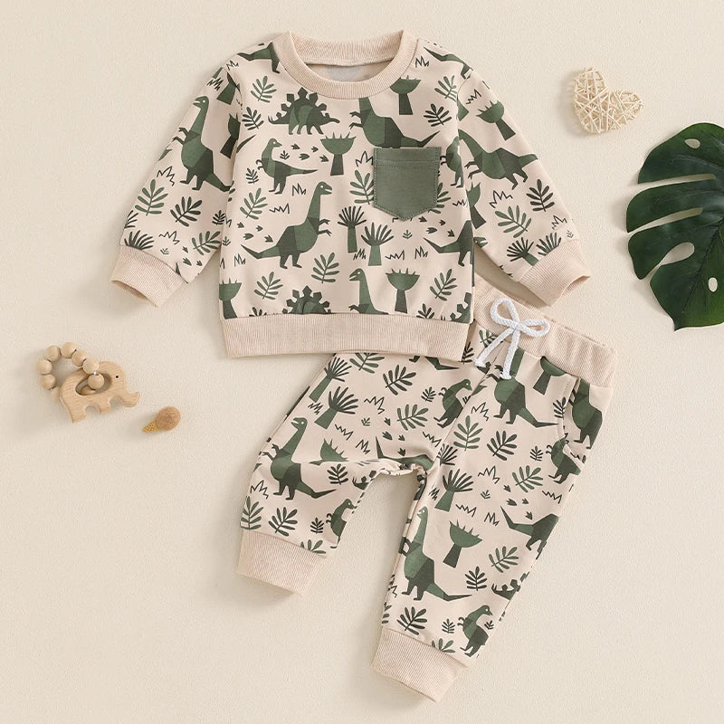 Baby Toddler Boys 2Pcs Outfit Long Sleeve Dinosaur Print Top with Elastic Waist Pants Fall Outfit Set