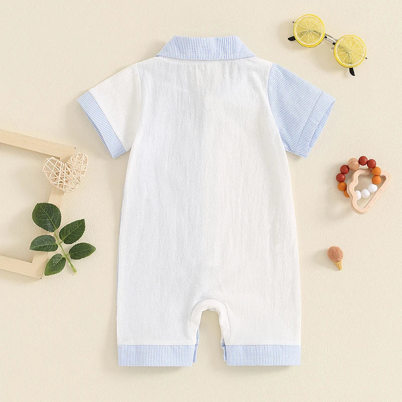 Baby Boy Jumpsuit Summer Short Sleeve Lapel Collar Stripes Contrast Color Print Romper Playsuit