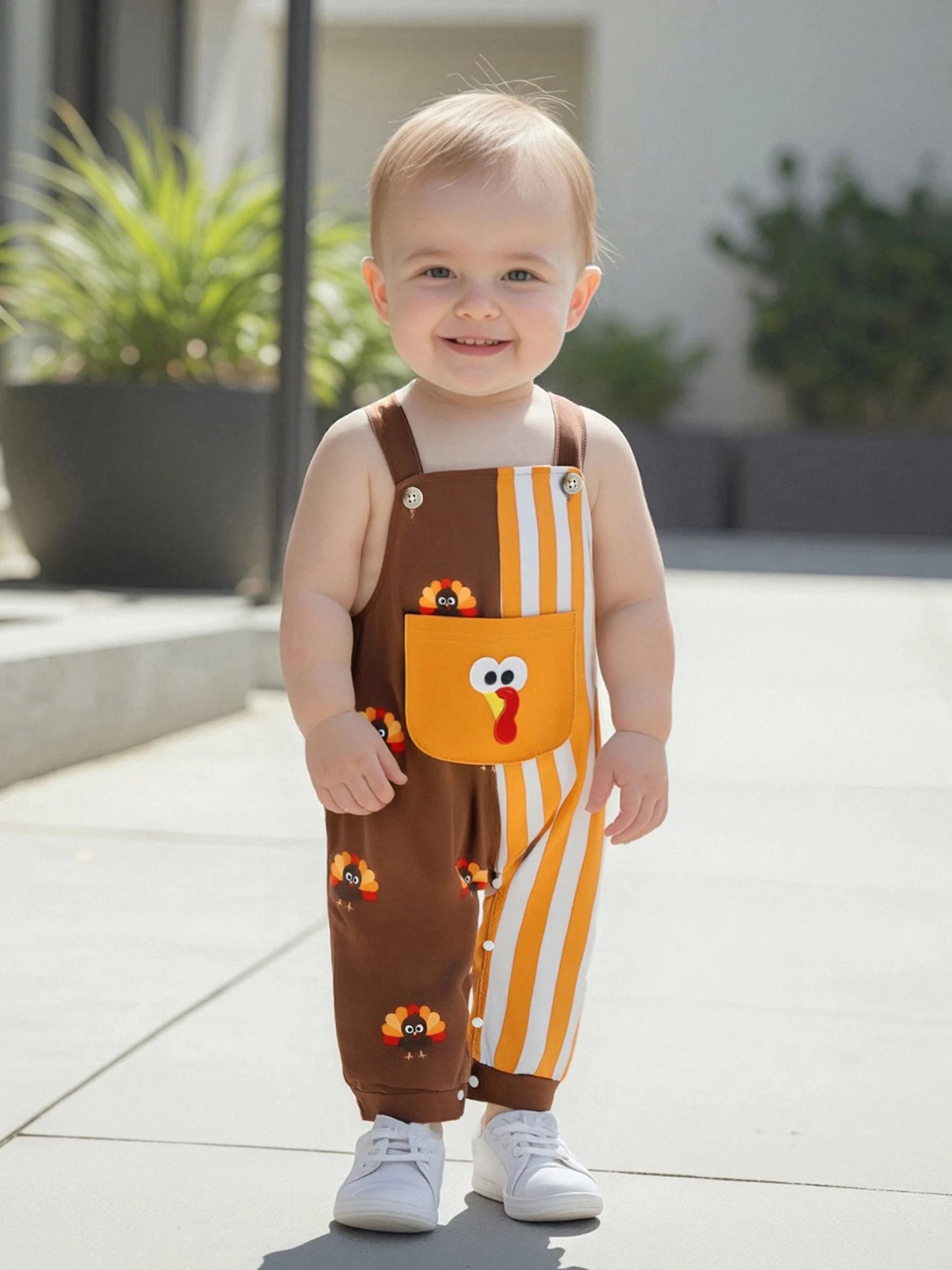 Baby Boy Thanksgiving Romper Overalls Turkey Stripe Print Sleeveless Suspender Jumpsuit