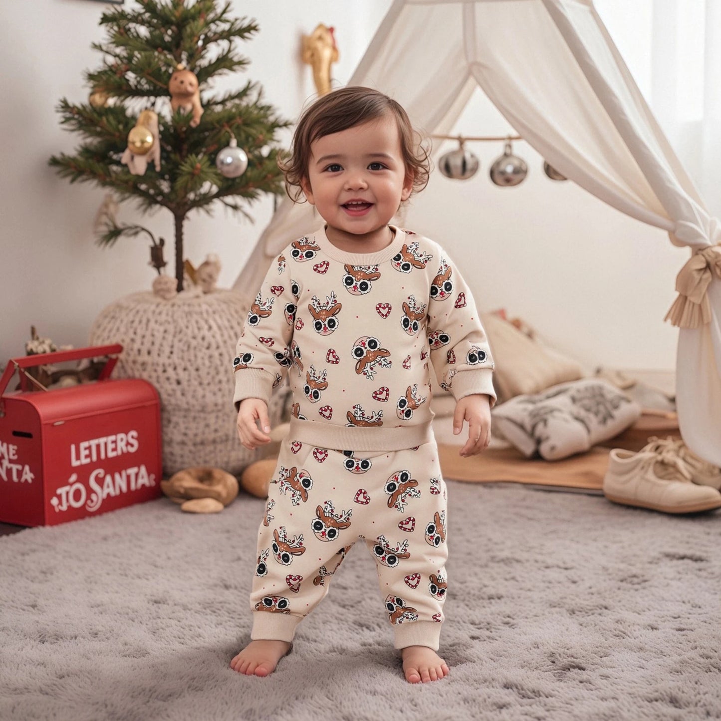 Baby Toddler Girls Boys 2Pcs Clothes Jogger Set Christmas Reindeer Pattern Long Sleeve Pullover Pants Outfit