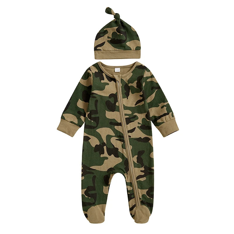 Baby Boys 2Pcs Footies Romper Camouflage Round Neck Long Sleeve Zipper Romper Infant Clothes Jumpsuit with Beanie Hat Set Outfit