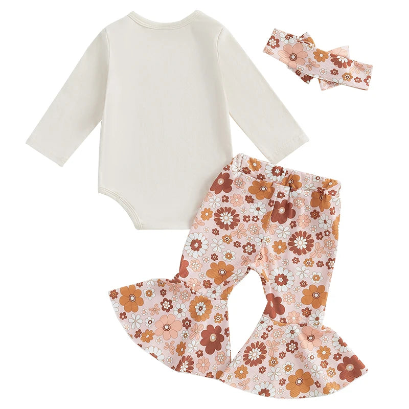 Baby Girls 3Pcs Auntie's Bestie Outfit Letter Print Long Sleeve Romper Flower Print Flare Pants Headband Set