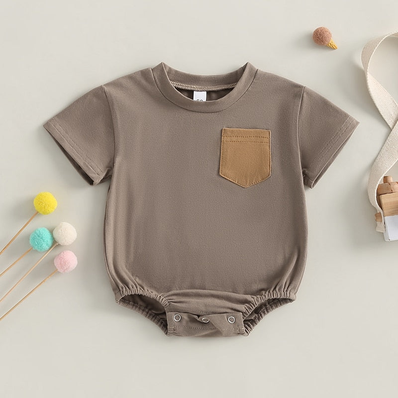 Infant Baby Boy Girl Summer Bodysuit Solid Short Short Sleeve Jumpsuit with Pocket Outfit Bubble Romper