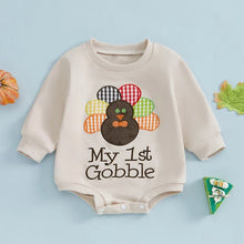 Load image into Gallery viewer, Baby Boys Girls My 1st Gobble First Thanksgiving Bubble Romper Turkey Letter Embroidery Long Sleeve Jumpsuit
