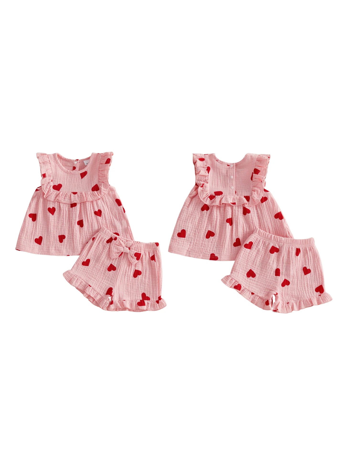 Baby toddler Girls 2Pcs Valentine's Day Outfit Love Heart Print Ruffled Trim Crew Neck Sleeveless Top and Bow Shorts Set
