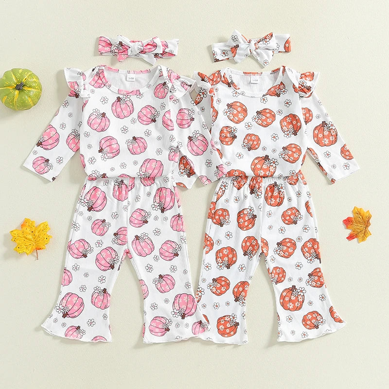 Baby Girls 3Pcs Halloween Outfit Pumpkin Print Long Sleeve Romper with Flare Pants and Headband Set