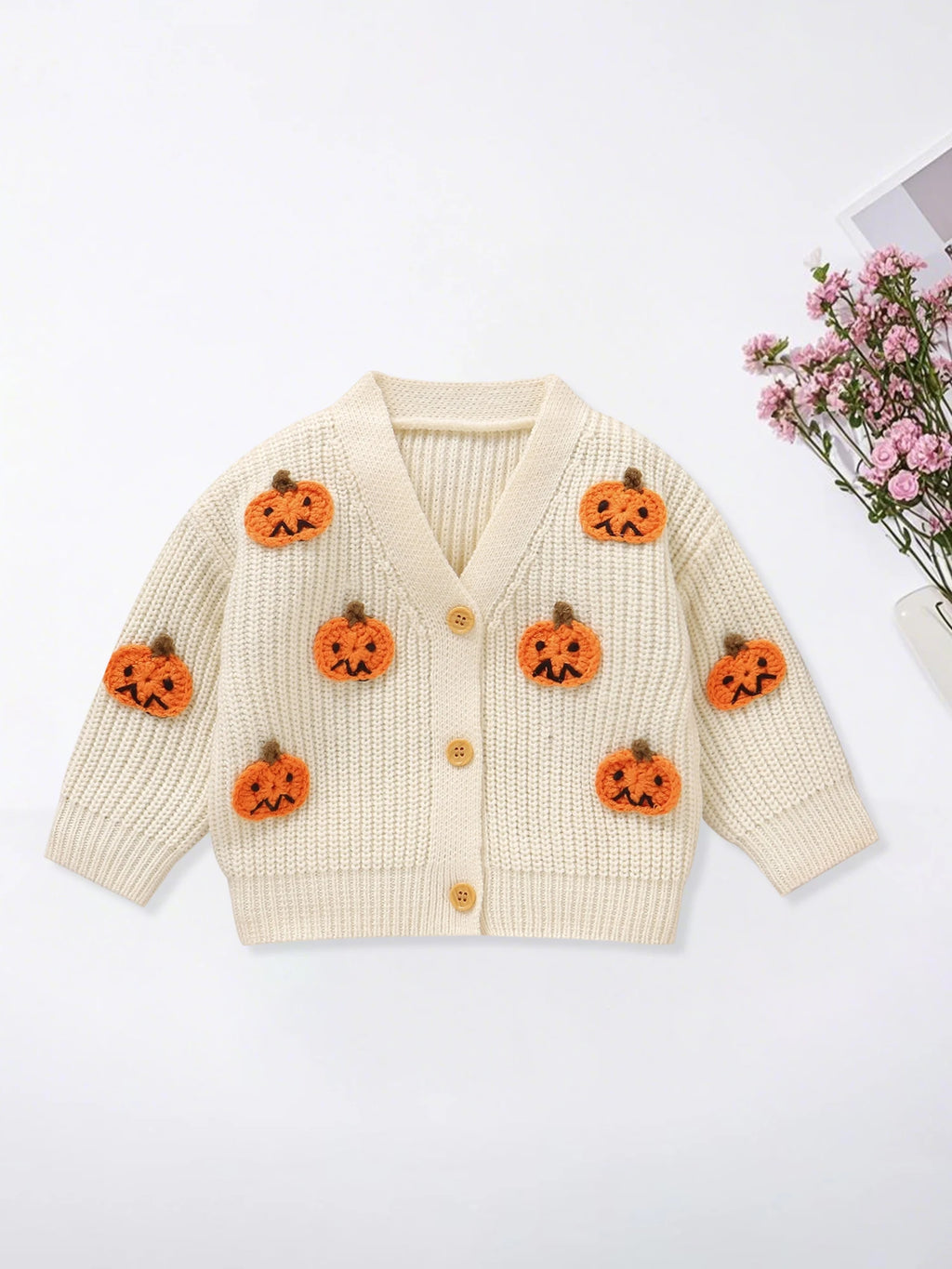 Baby Toddler Boys Girls Knit Cardigan Cute Halloween Pumpkin Embroidery Fall V Neck Long Sleeve Button Up Sweater Top