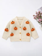 Baby Toddler Boys Girls Knit Cardigan Cute Halloween Pumpkin Embroidery Fall V Neck Long Sleeve Button Up Sweater Top