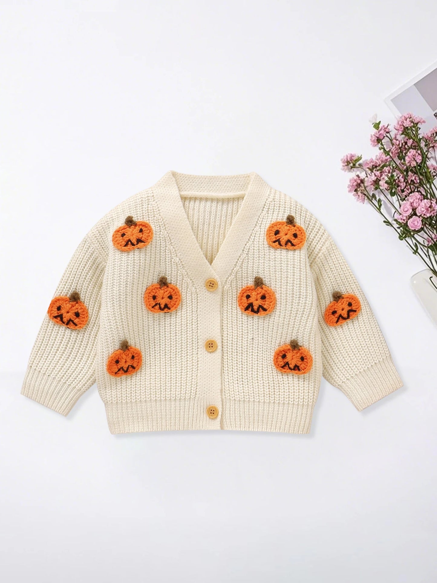 Baby Toddler Boys Girls Knit Cardigan Cute Halloween Pumpkin Embroidery Fall V Neck Long Sleeve Button Up Sweater Top