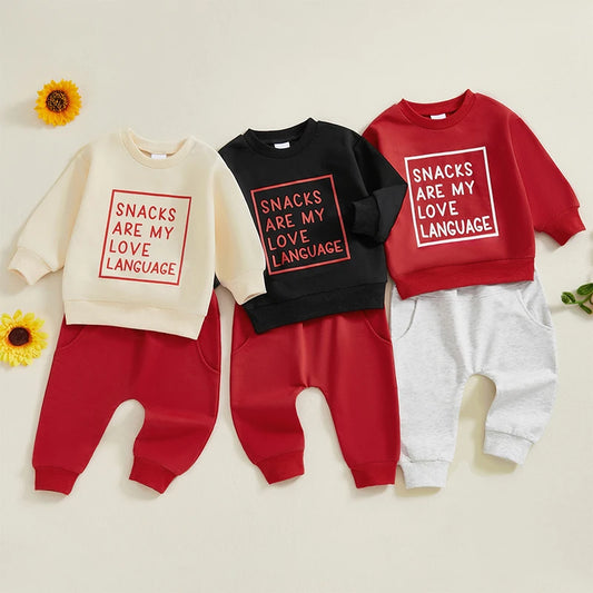 Baby Toddler Boys 2Pcs Snacks Are My Love Language Fall Outfit Letter Print Long Sleeve Top and Long Pants Jogger Set