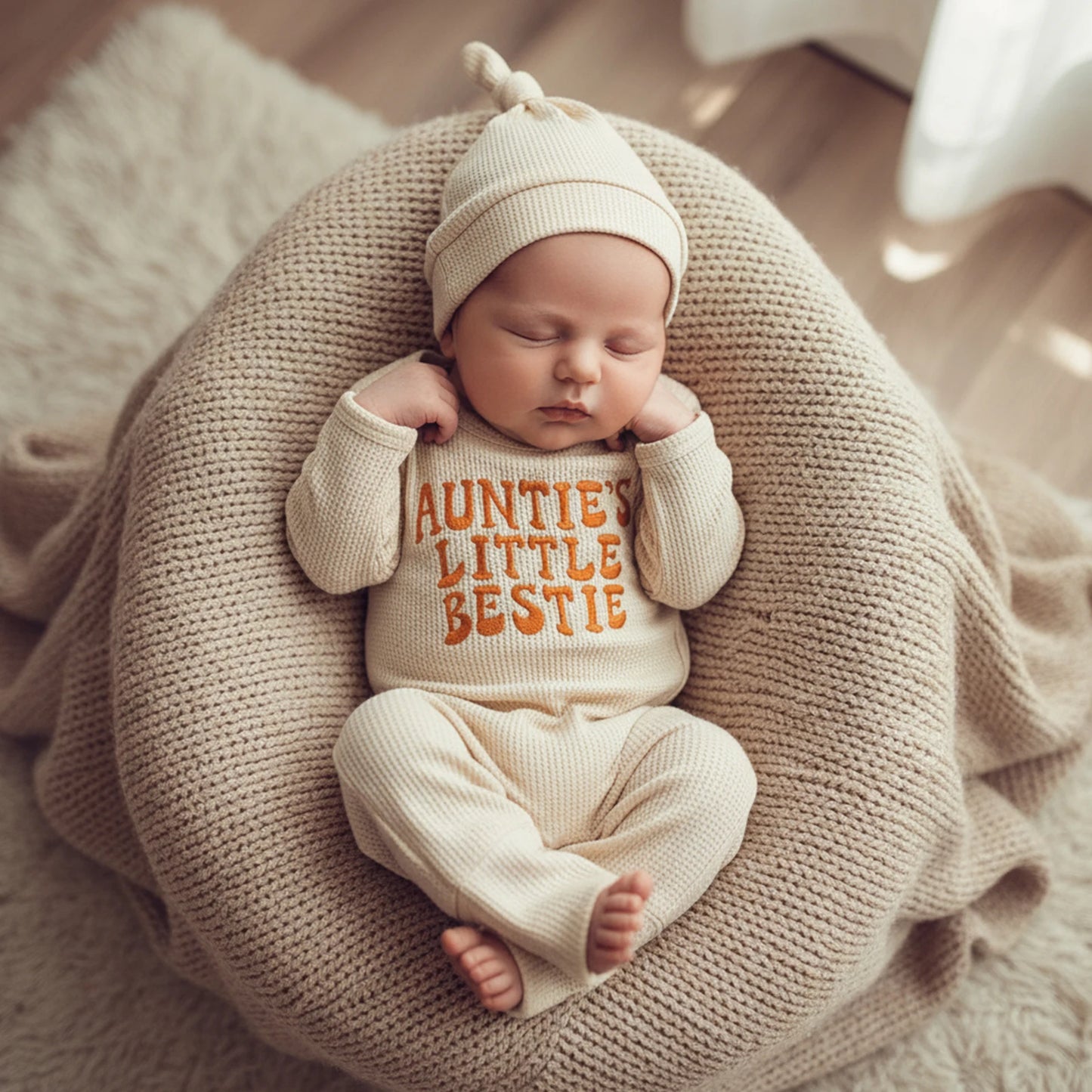 Baby Boys Girls 2Pcs Auntie's Little Bestie Fall Outfits Long Sleeve Letter Embroidery Jumpsuit with Hat Set Clothes