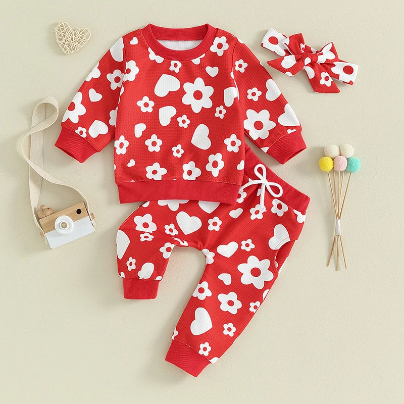 Baby Toddler Girl 3Pcs Valentine's Day Outfit Heart Flower Print Long Sleeve Crewneck Top Casual Pants Set