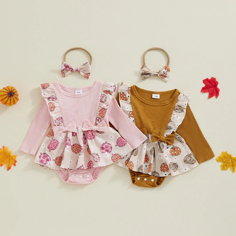 Baby Girls 2Pcs Halloween Clothes Flying Sleeve O Neck Pumpkin Print Romper Dress Overalls Skirt with Headband Set