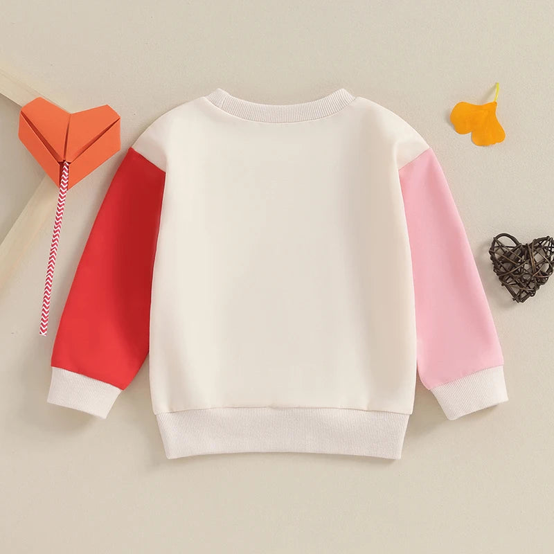 Toddler Baby Girl Valentine's Day Outfit Be Mine Long Sleeve Color Block Crewneck Pullover Casual Top