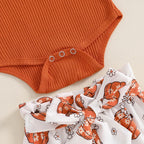 Baby Girls 3Pcs Halloween Outfit Ribbed Long Sleeve Frill Sleeve Romper and Elastic Pumpkin Flower Print Pants Headband Set