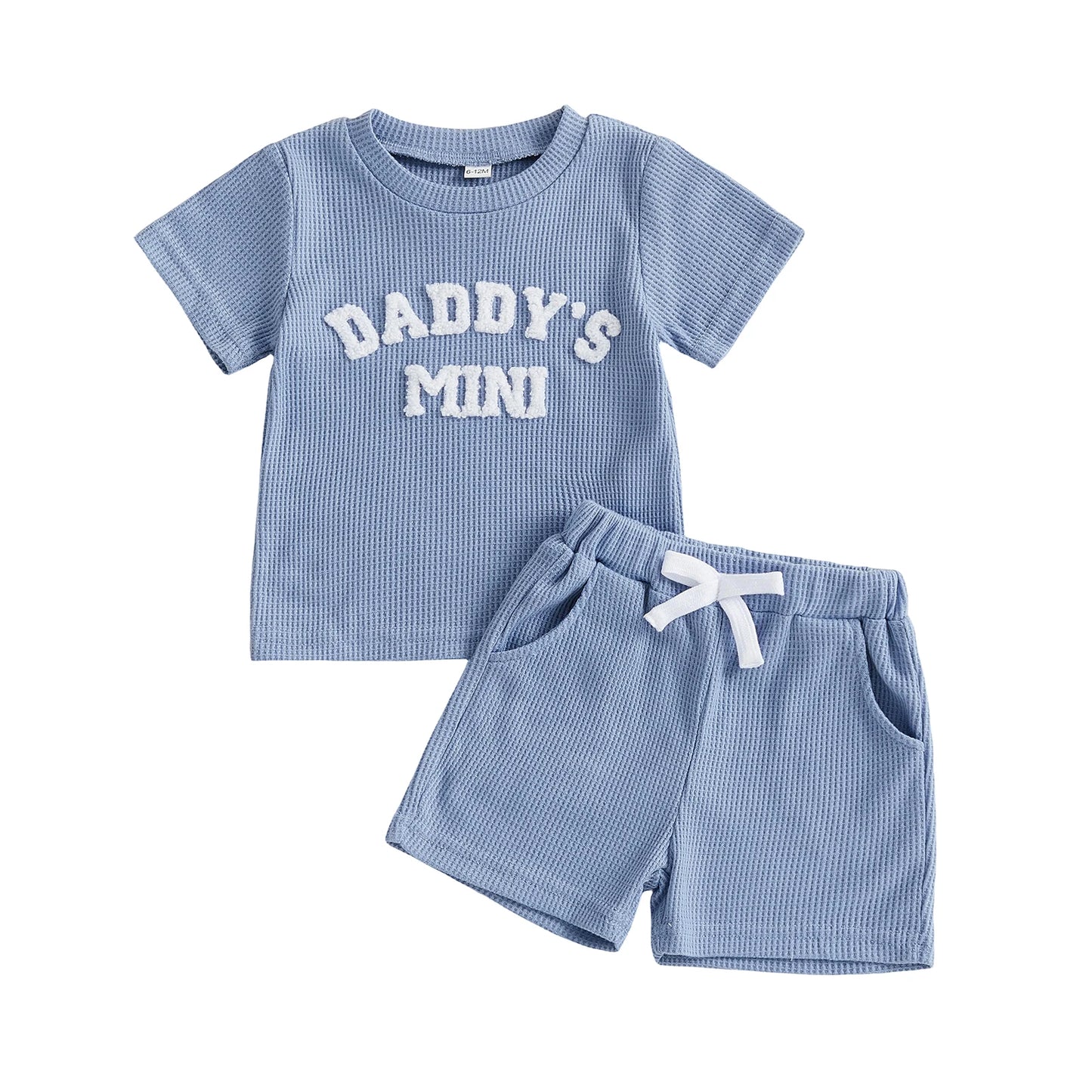 Baby Toddler Boys 2Pcs Daddy's Mini Summer 2 Piece Outfits Short Sleeve Round Neck Letter Embroidery Waffle Top and Shorts Set