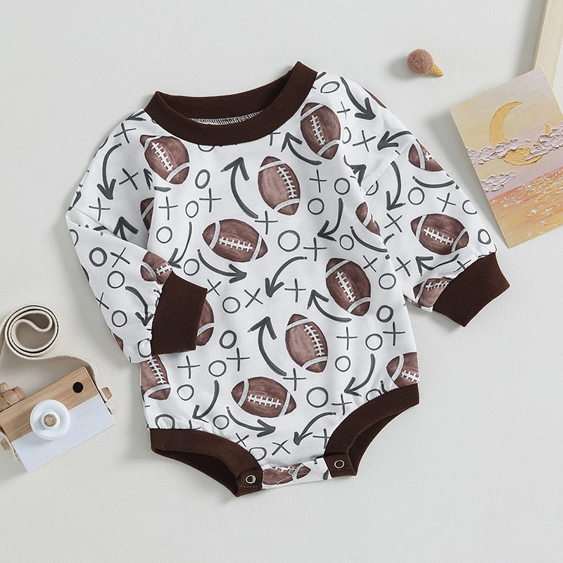 Baby Boy Girl Fall Bodysuit Long Sleeve Round Neck Football Print Jumpsuit Romper