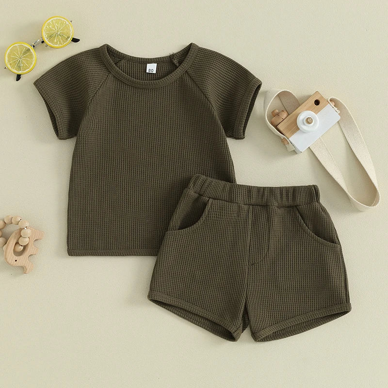 Baby Toddler Kids Boys Girls 2Pcs Set Waffle Solid Short Sleeve Top with Elastic Waist Shorts Summer Outfit