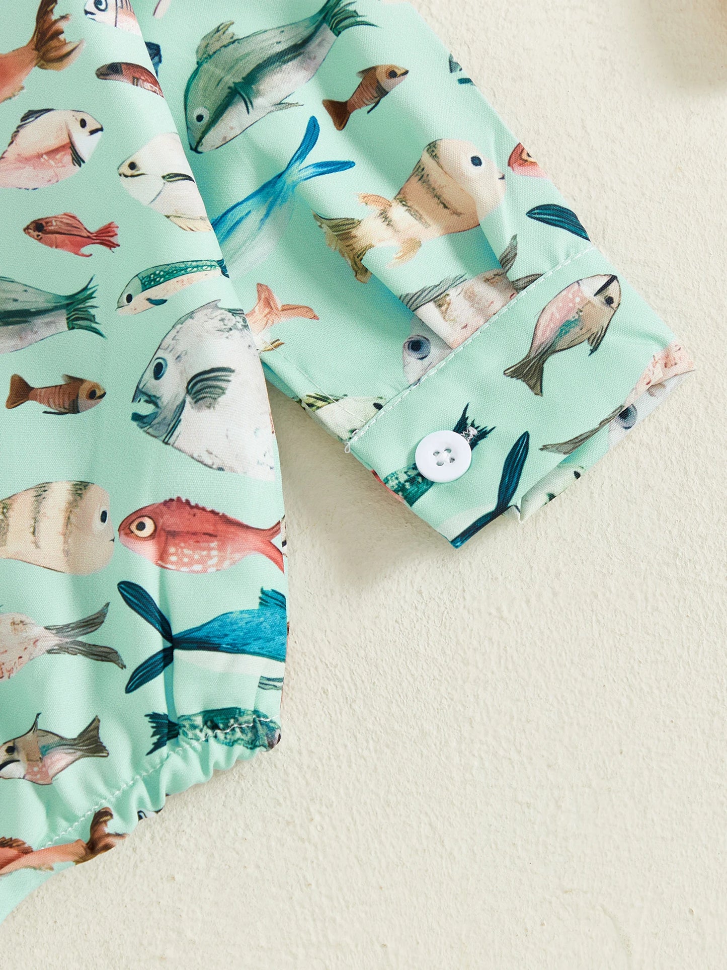 Baby Boys Girls Romper Long Sleeve Lapel Collar Fish Print Bodysuit Fall Playsuit