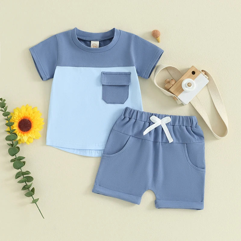 Toddler Baby Boy 2Pcs Summer Outfits Short Sleeve Contrast Color Top with Pocket Shorts Set Clothes