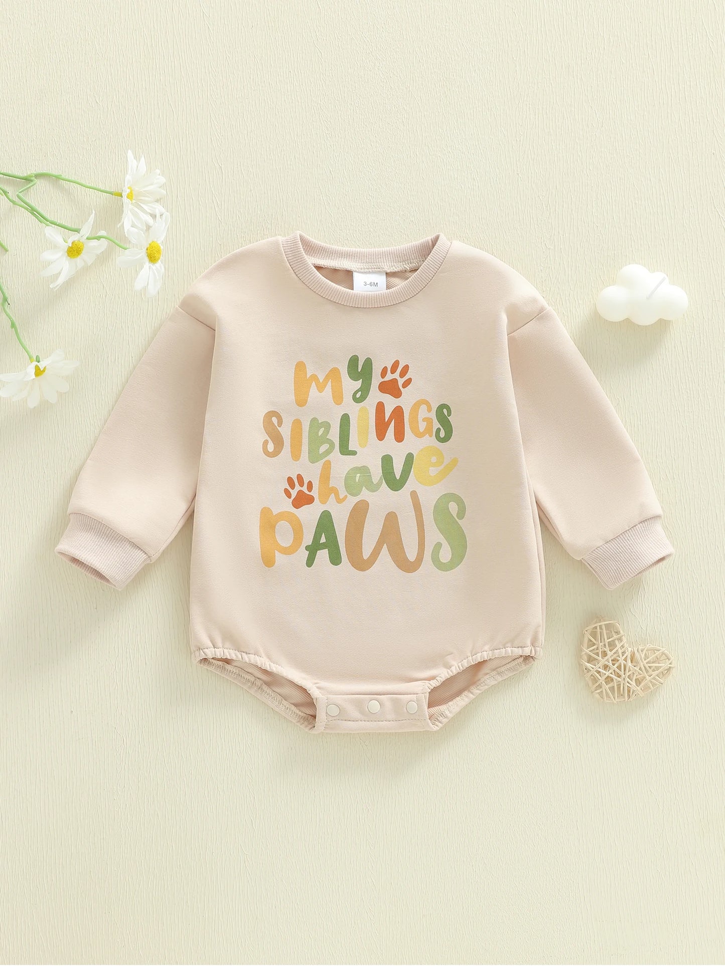 Baby Boy Girl Bubble Romper My Siblings Have Paws Letter Print Long Sleeve Crew Neck Jumpsuit Casual Winter Fall Clothes