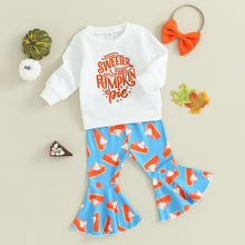Load image into Gallery viewer, Baby Toddler Girls 3Pcs Long Sleeve Sweeter Than Pumpkin Pie Print Top Pumpkin Pie Print Flared Pant Set

