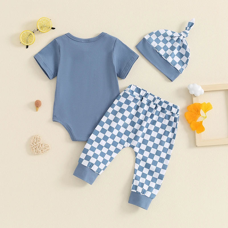 Baby Boys 3Pcs Outfit Daddy's Little Dude Letter Print Crew Neck Short Sleeve Romper Checkerboard Print Long Pants Hat Set