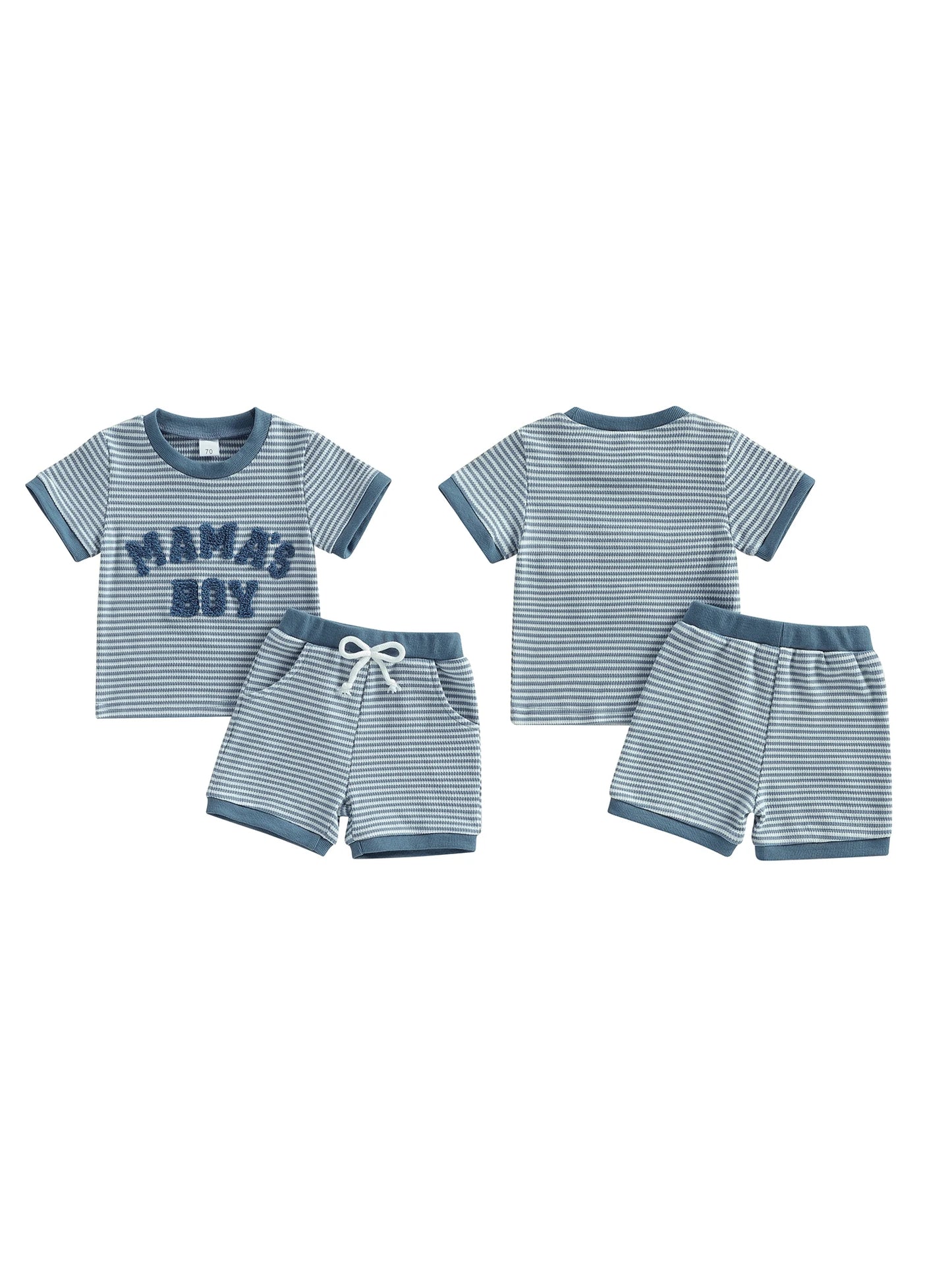 Baby Toddler Boys 2Pcs Mama's Boy Outfit Summer Short Sleeve Round Neck Letter Embroidery Striped Top and Shorts Set
