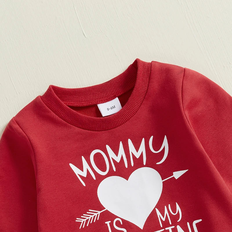 Baby Toddler Boys Girls 2Pcs Mommy Is My Valentine Valentine's Day Outfit Letter Print Long Sleeve Crewneck Top and Elastic Pants Jogger Set Valentines