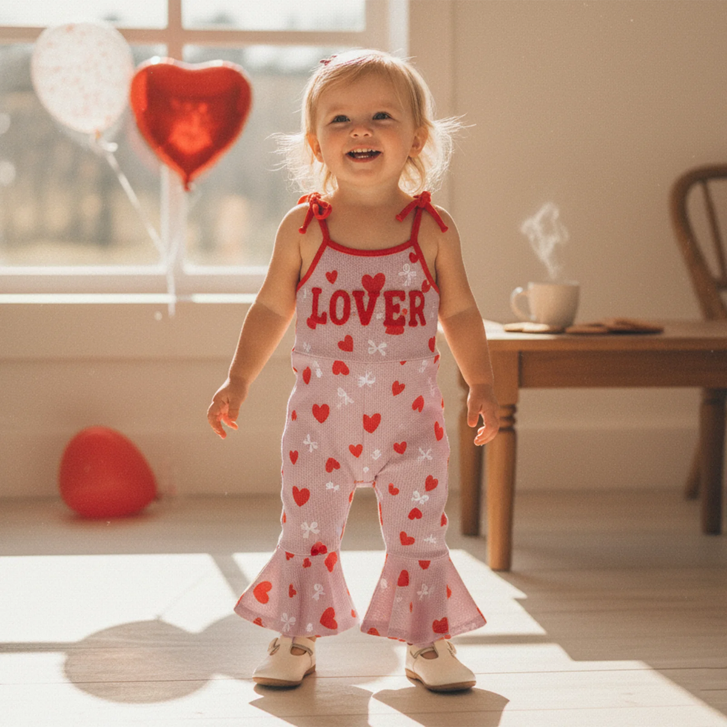 Baby Toddler Girls LOVER Valentine's Day Tank Top Flare Leg Overalls Jumpsuits Letter Embroidery Heart Print Bell Bottom Romper