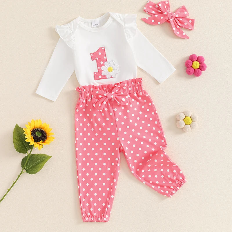 Baby Girls 3Pcs 1 First Birthday Outfit Floral Embroidery Long Sleeve Romper with Polka Dot Pattern Pants and Headband Set