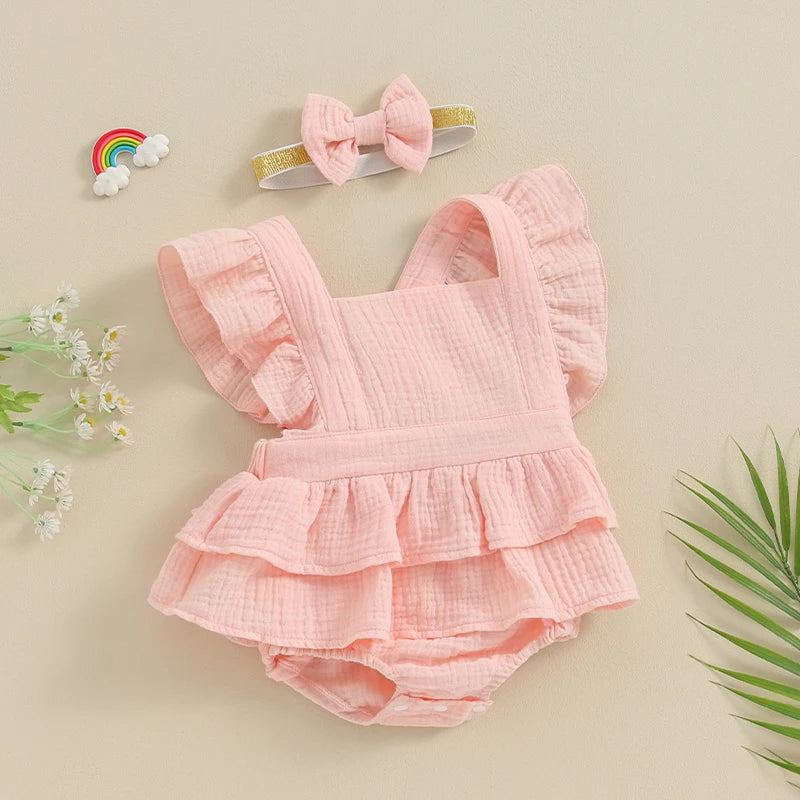 Baby Girls 2Pcs Romper Dress Solid Color Fly Sleeve Skirt Hem Tank Top Bodysuit Summer Clothes with Headband Set