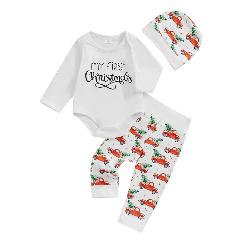 Baby Boy Girl 3Pcs My First Christmas Outfit Letter Long Sleeve Romper Elastic Waist Tree Truck Print Pants Hat Set