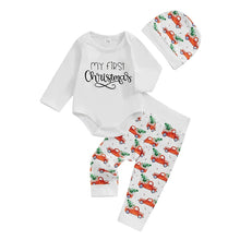 Load image into Gallery viewer, Baby Boy Girl 3Pcs My First Christmas Outfit Letter Long Sleeve Romper Elastic Waist Tree Truck Print Pants Hat Set
