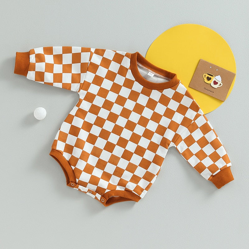 Baby Boy Girl Fall Sweatshirt Bodysuit Checkerboard Print Long Sleeve Jumpsuit Romper