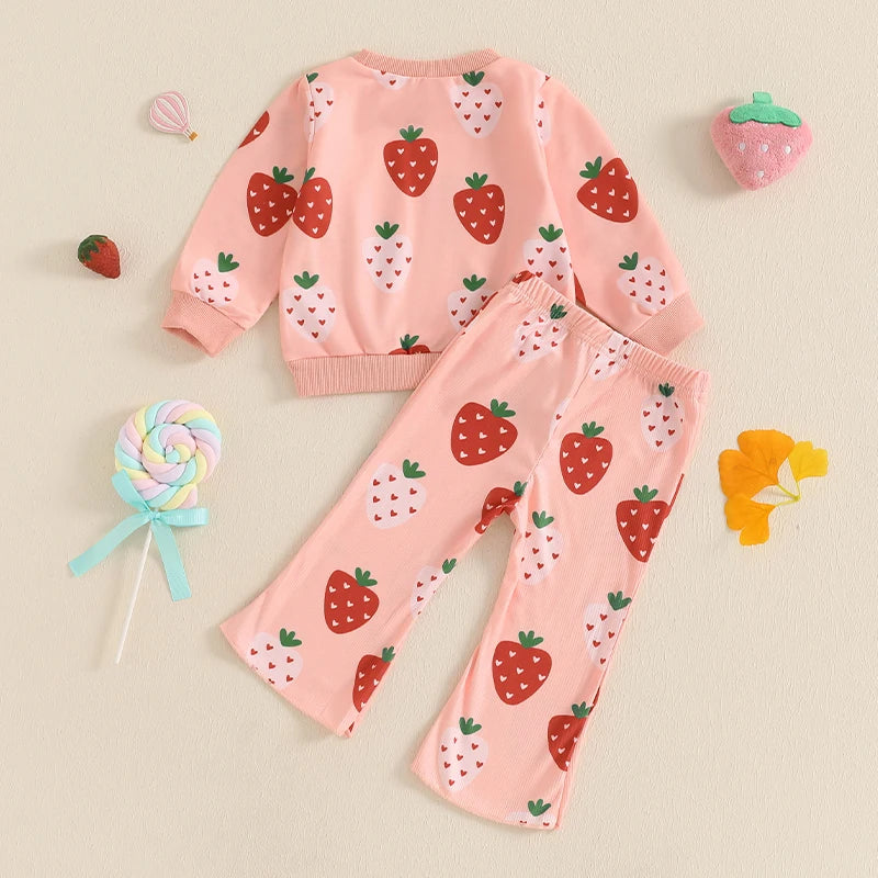 Baby Toddler Girls 2Pcs Outfit Strawberry Print Long Sleeve Crewneck Top with Flare Pants Set